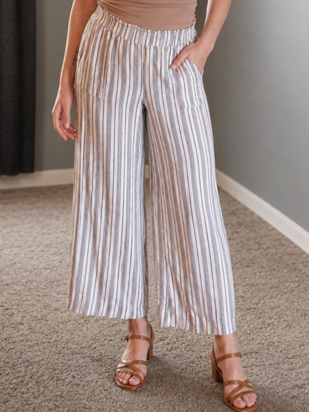 Relaxed Wide Leg Linen Blend White Striped Pull On Pants Women's Large